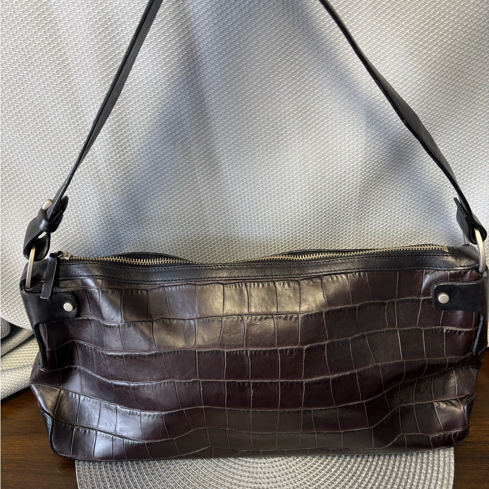 Dark Brown Croc-Embossed Shoulder Bag